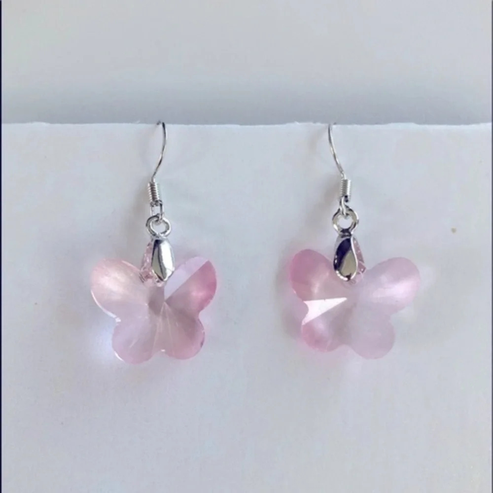 Soft Pink Butterfly Rainbow Aura Titanium Crystal Quartz Earrings NWT
